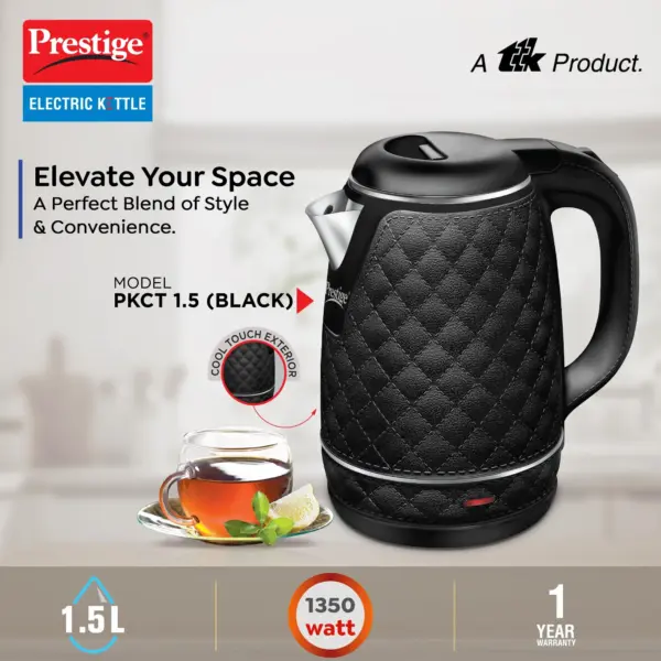 Prestige PKCT 1.5L Electric Kettle Black with Cool Touch Exterior & Dry Boil Protection