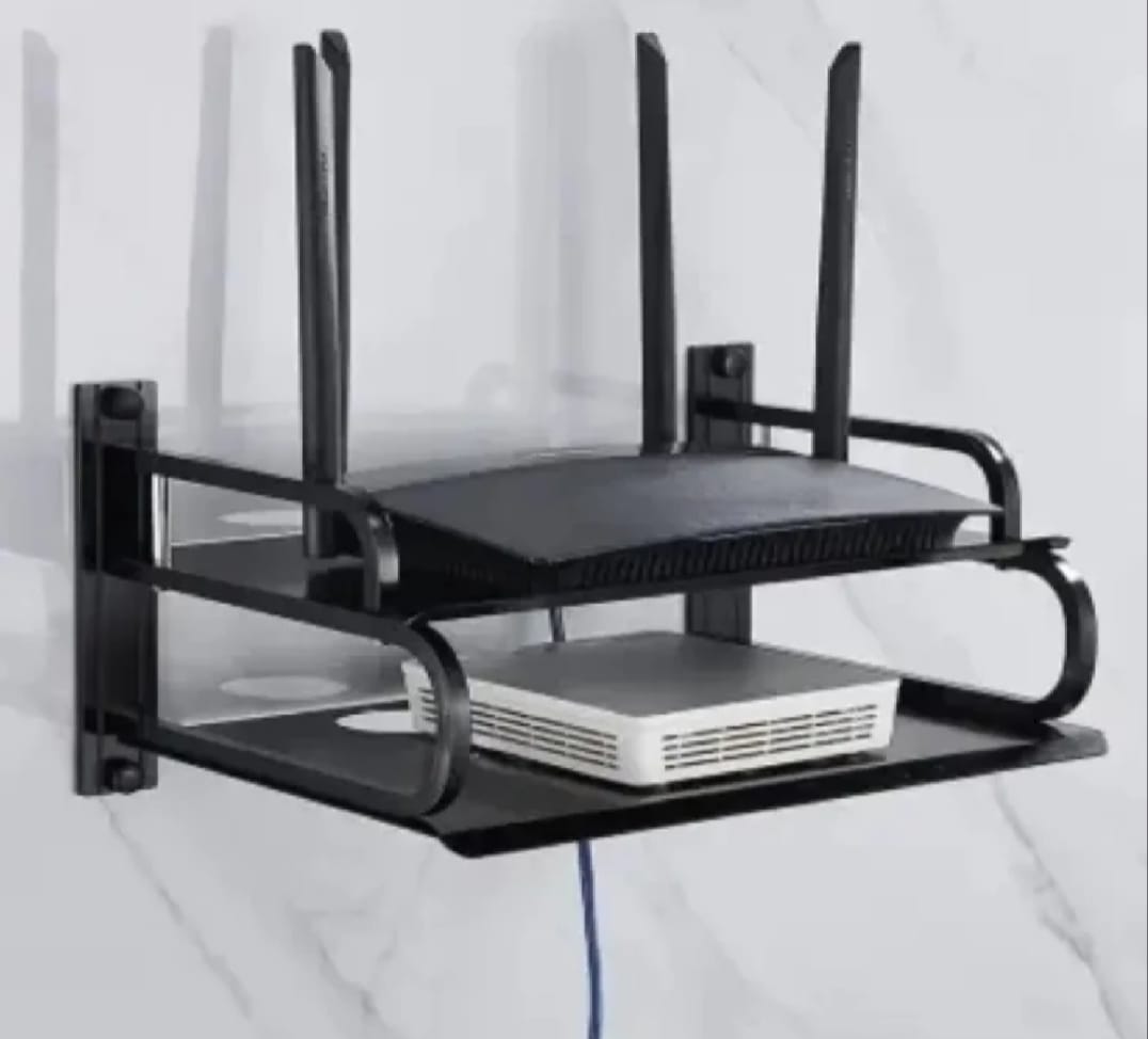 Metal WiFi Router Stand 2-Layer Wall Mount – Metal Shelf for TV Box & Remotes, Black