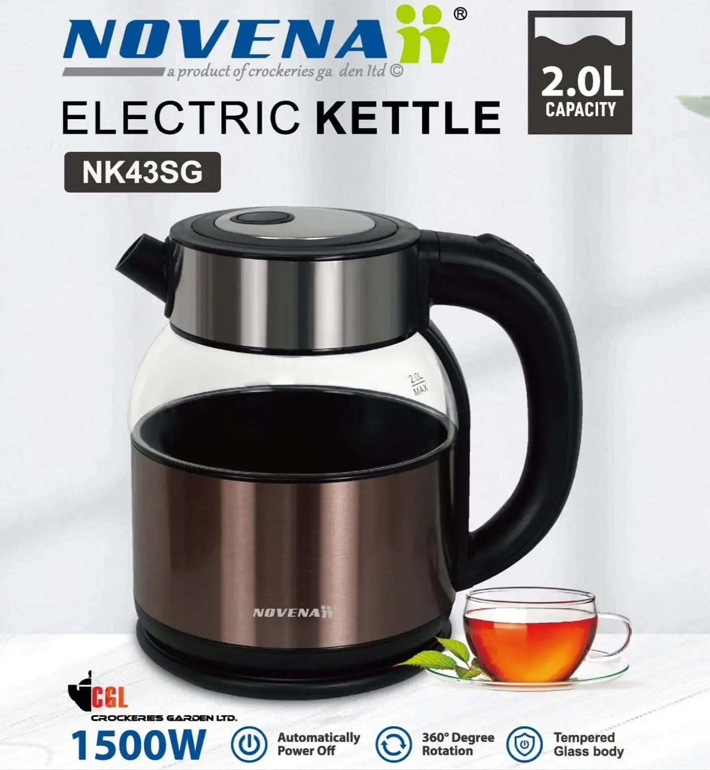 Novena NK43SG 2 Liter Automatic Electric Kettle β Fast Boil Stainless Steel with Auto Shut-Off