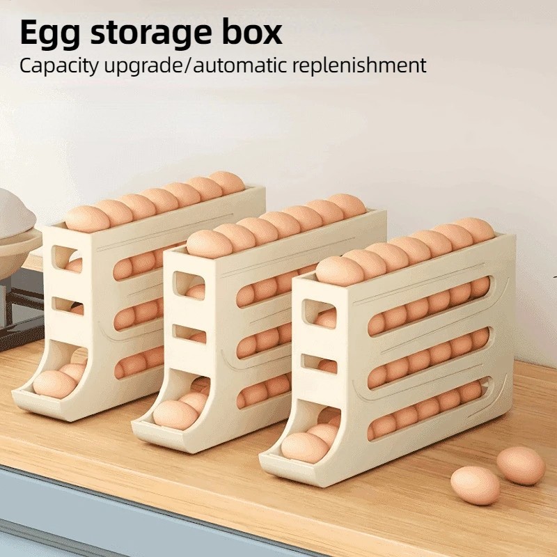 4-Tier Egg Holder for Fridge – Auto-Rolling Dispenser 30 Eggs