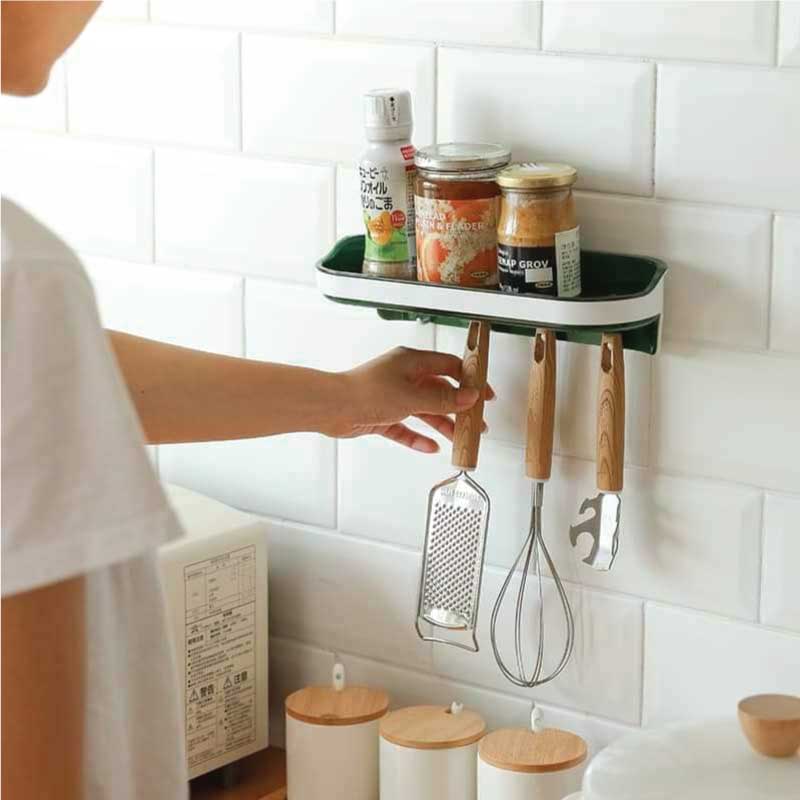 Wall Mount Kitchen Rack Shelf with Hooks – Space Saver